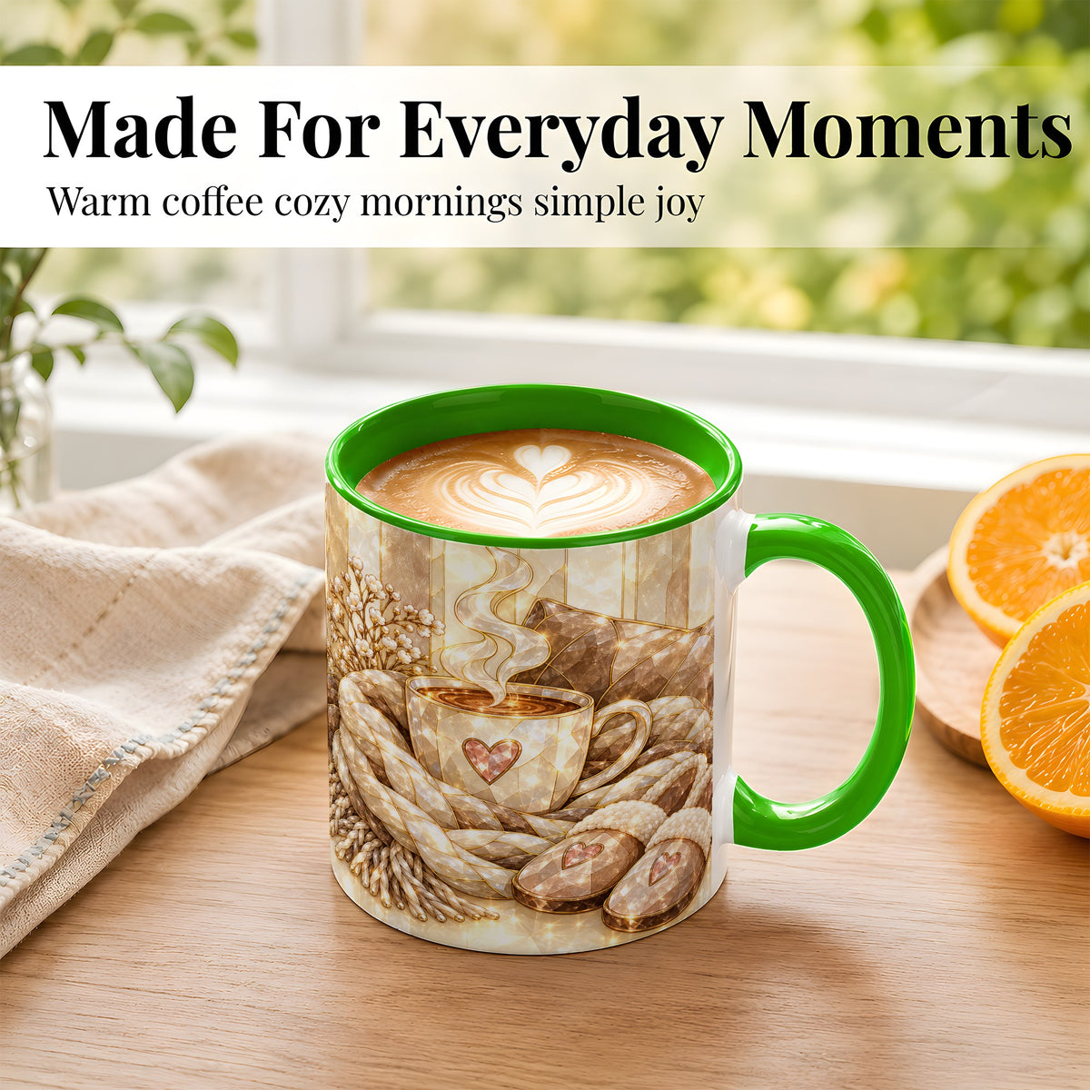 #pl[11oz|Green] Cozy Heart Coffee Mug, Stained Glass Style Mug, Ceramic Cup