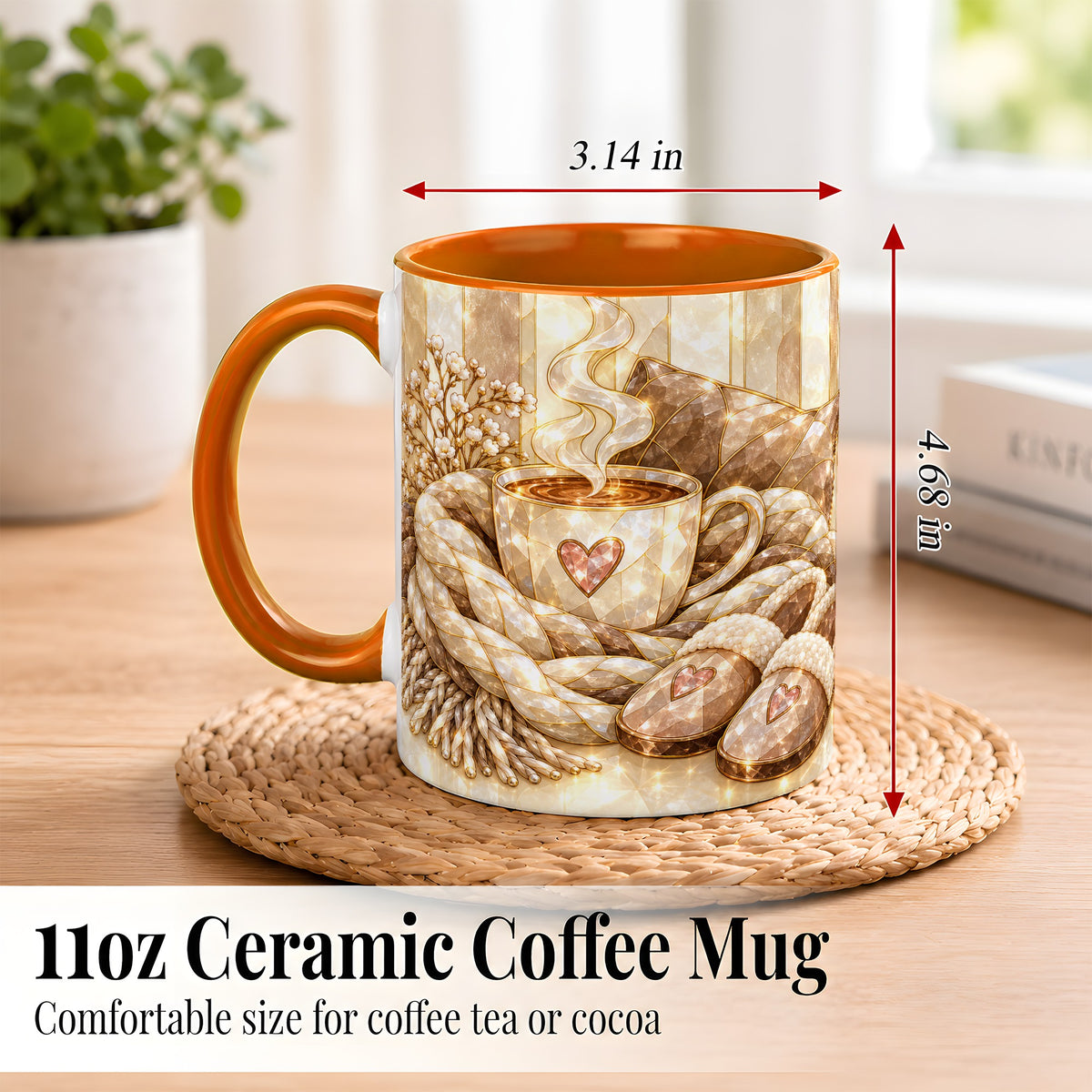 #pl[11oz|Orange] Cozy Heart Coffee Mug, Stained Glass Style Mug, Ceramic Cup