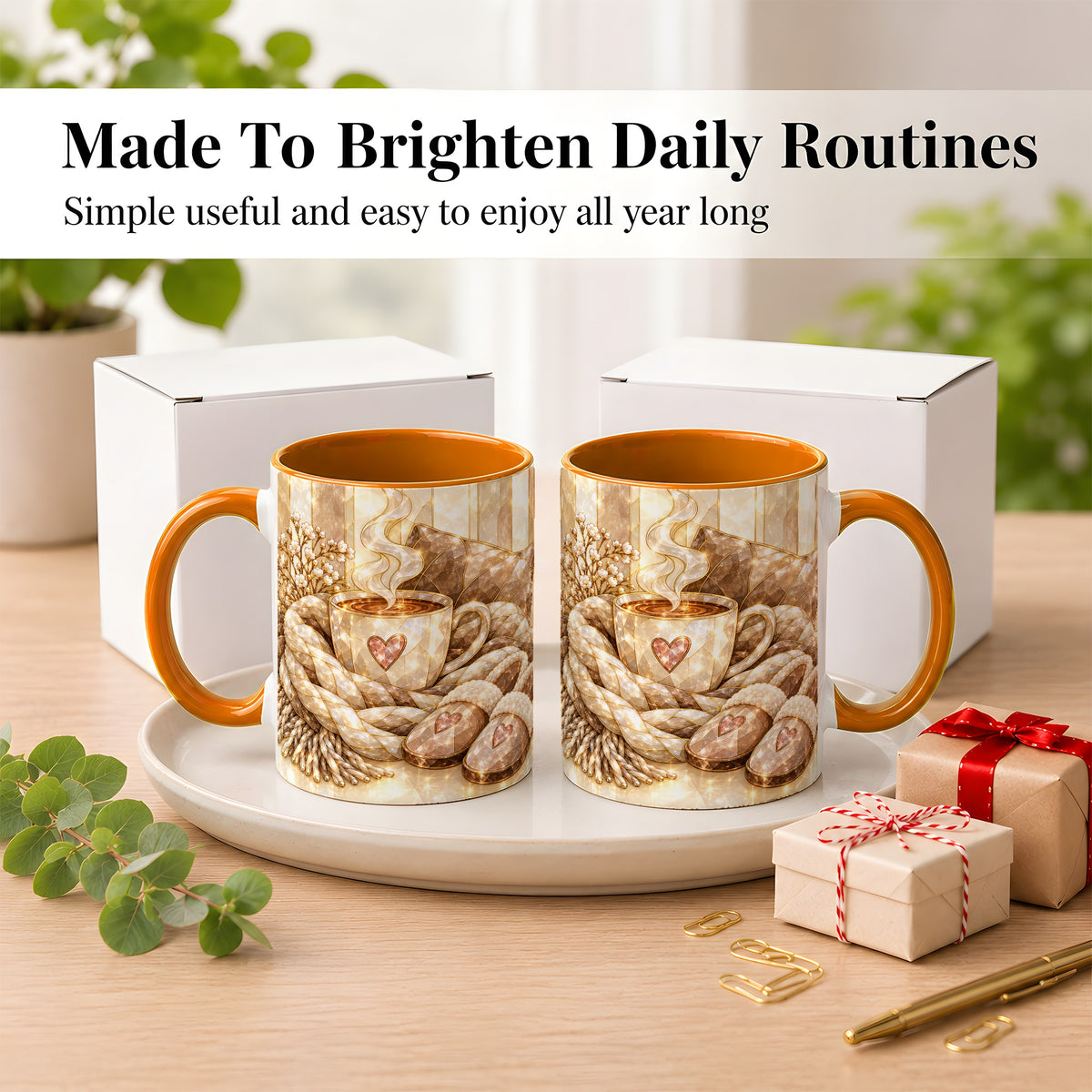 #pl[11oz|Orange] Cozy Heart Coffee Mug, Stained Glass Style Mug, Ceramic Cup