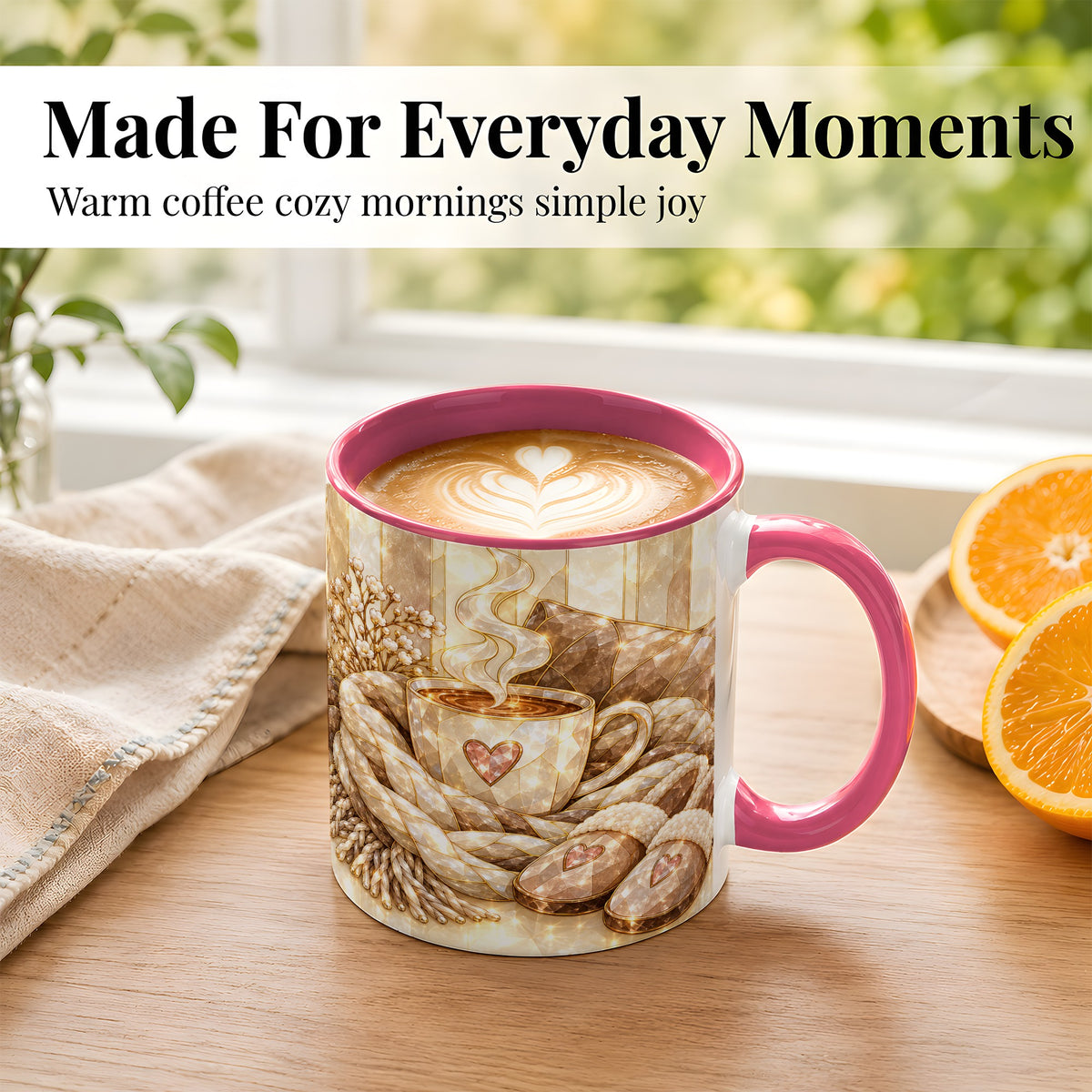 #pl[11oz|Pink] Cozy Heart Coffee Mug, Stained Glass Style Mug, Ceramic Cup