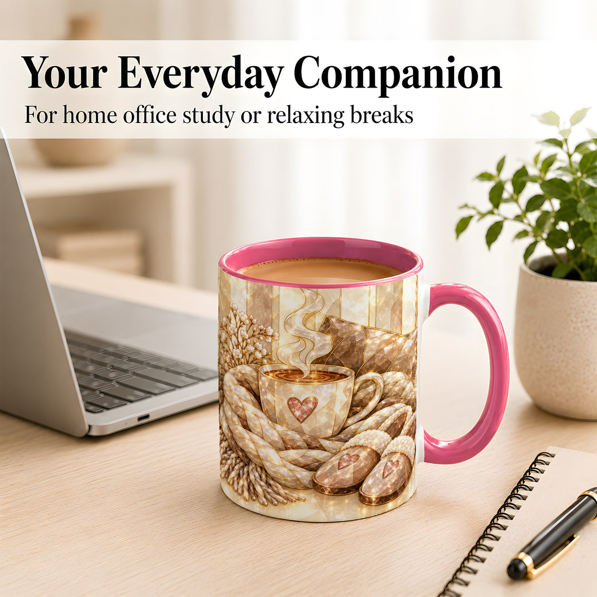 #pl[11oz|Pink] Cozy Heart Coffee Mug, Stained Glass Style Mug, Ceramic Cup