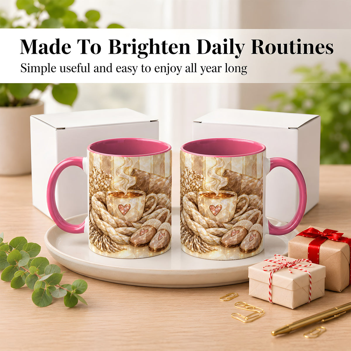 #pl[11oz|Pink] Cozy Heart Coffee Mug, Stained Glass Style Mug, Ceramic Cup