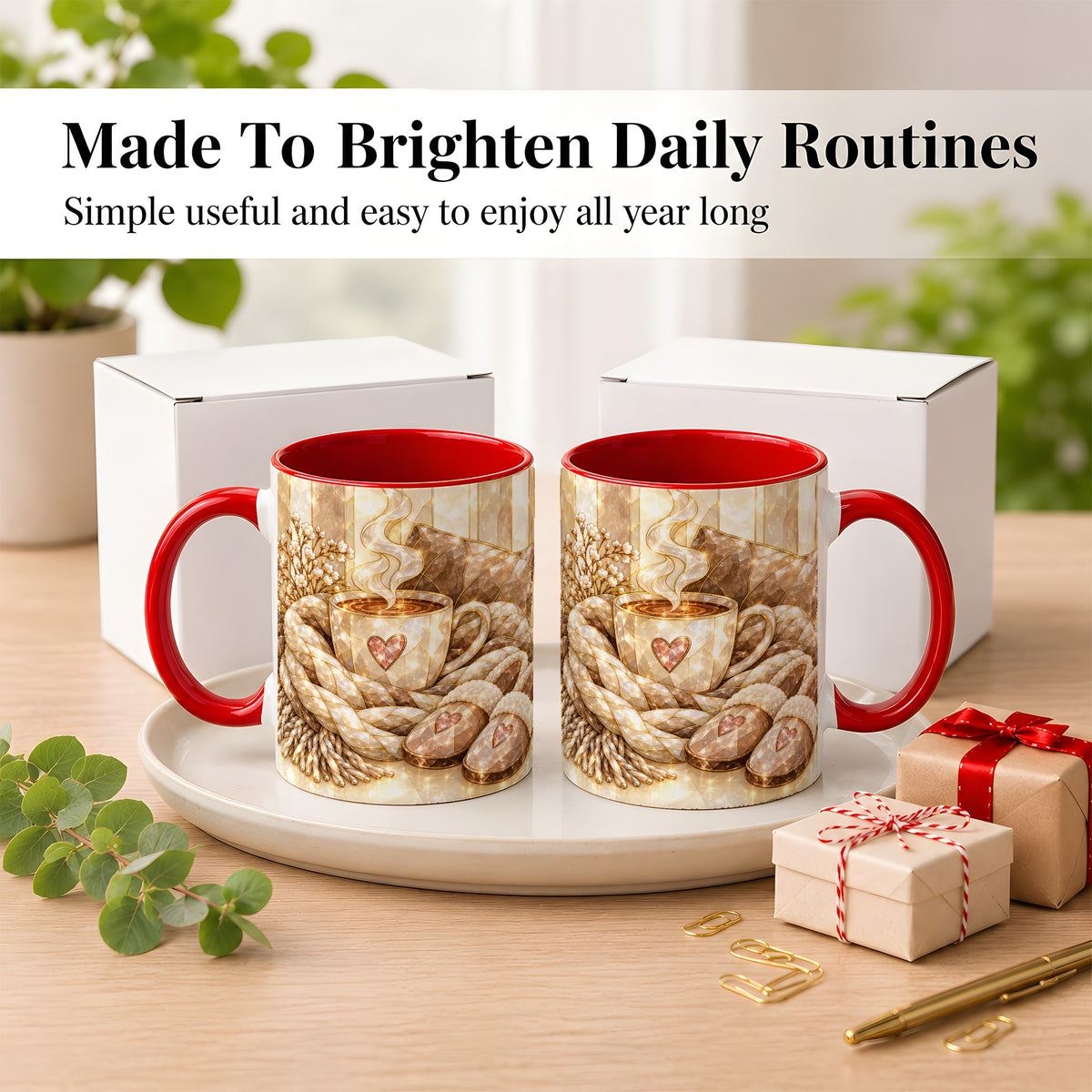 #pl[11oz|Red] Cozy Heart Coffee Mug, Stained Glass Style Mug, Ceramic Cup