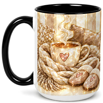 #pl[15oz|Black] Cozy Heart Coffee Mug, Stained Glass Style Mug, Ceramic Cup
