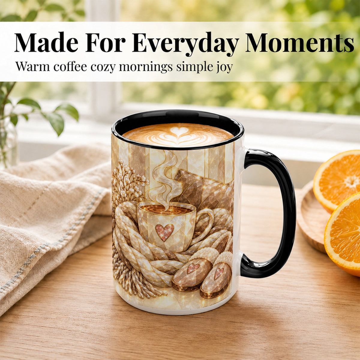 #pl[15oz|Black] Cozy Heart Coffee Mug, Stained Glass Style Mug, Ceramic Cup