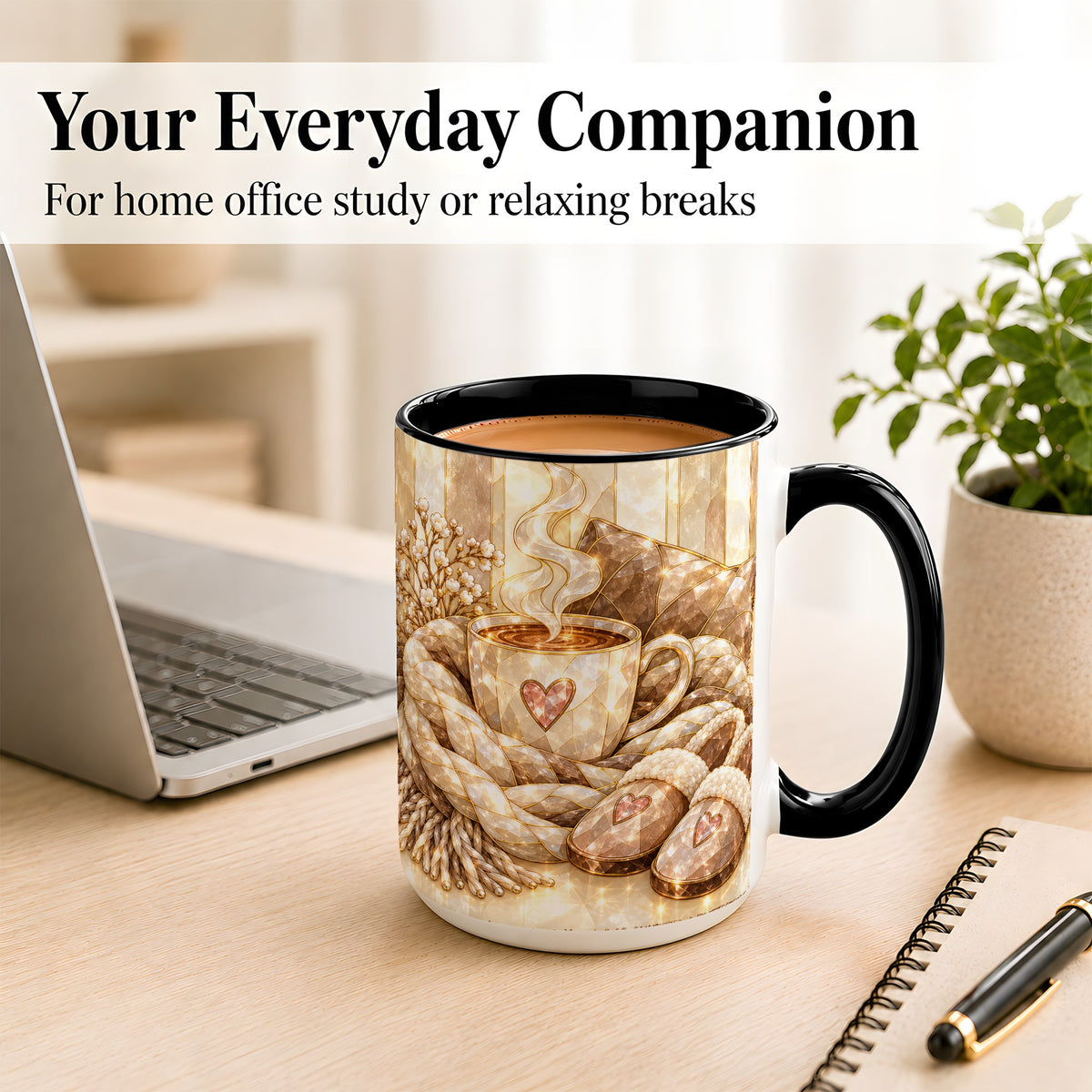 #pl[15oz|Black] Cozy Heart Coffee Mug, Stained Glass Style Mug, Ceramic Cup