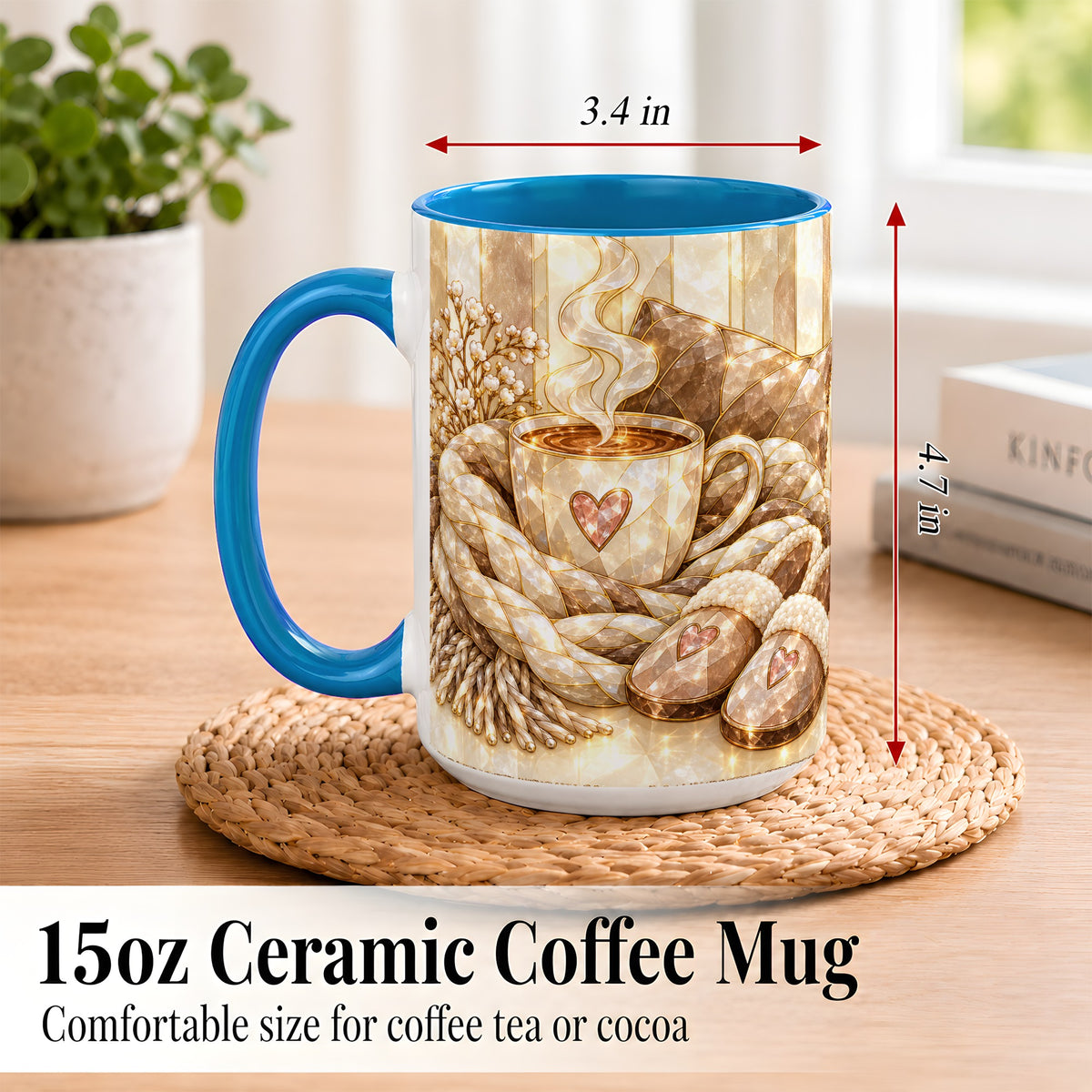 #pl[15oz|Blue] Cozy Heart Coffee Mug, Stained Glass Style Mug, Ceramic Cup