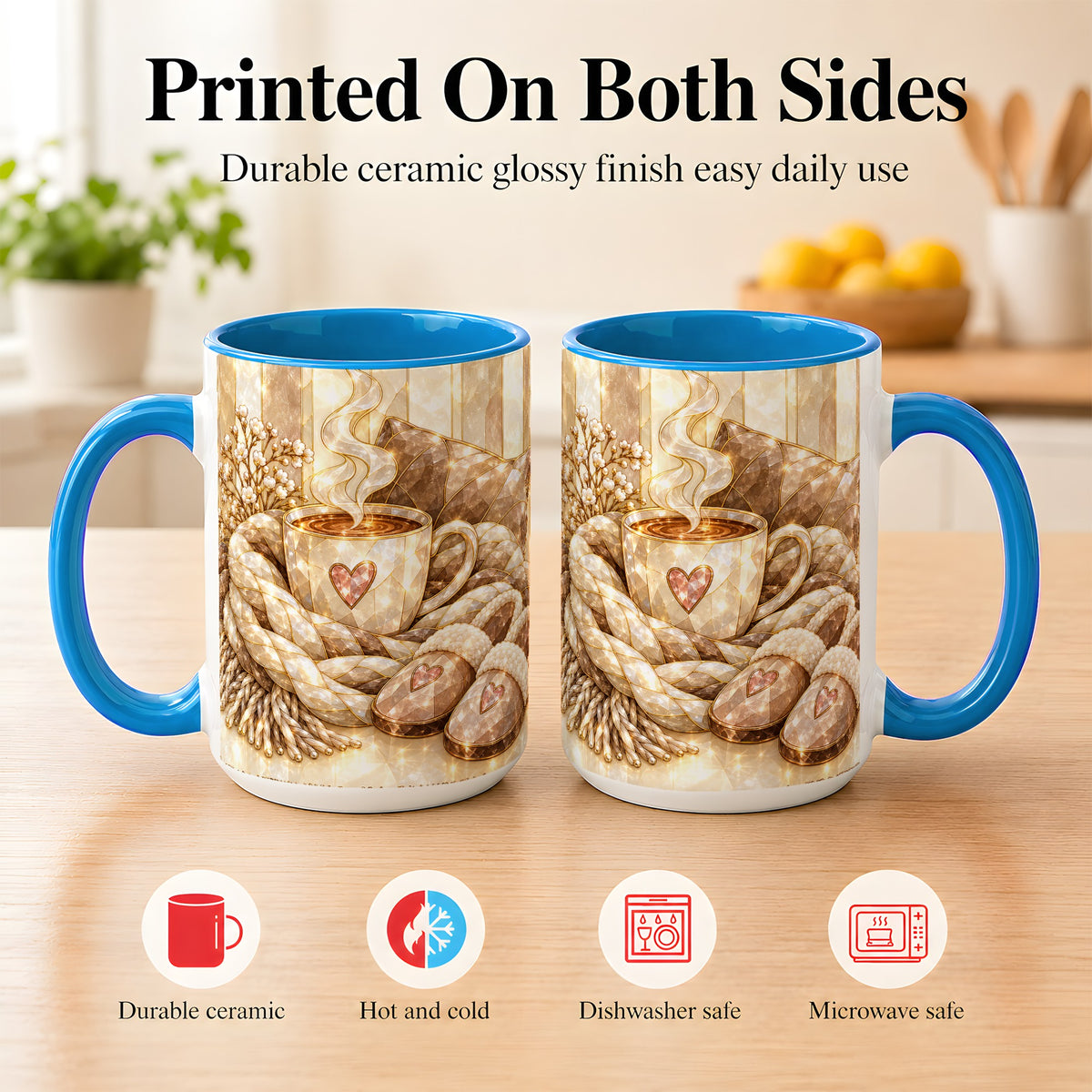 #pl[15oz|Blue] Cozy Heart Coffee Mug, Stained Glass Style Mug, Ceramic Cup