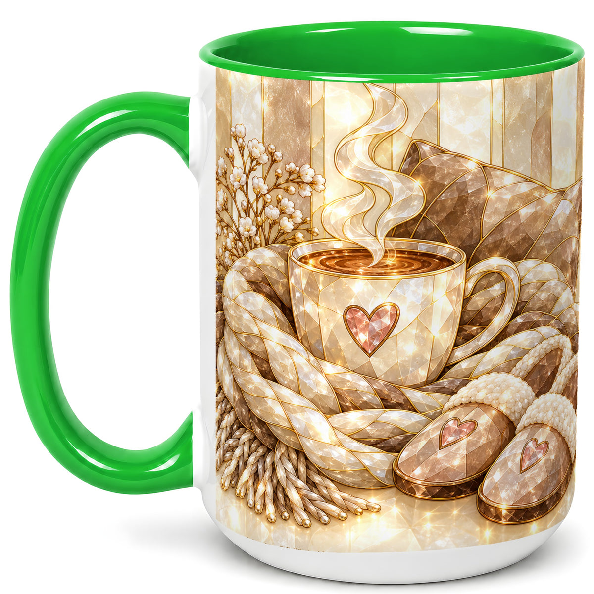 #pl[15oz|Green] Cozy Heart Coffee Mug, Stained Glass Style Mug, Ceramic Cup
