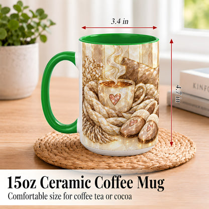 #pl[15oz|Green] Cozy Heart Coffee Mug, Stained Glass Style Mug, Ceramic Cup