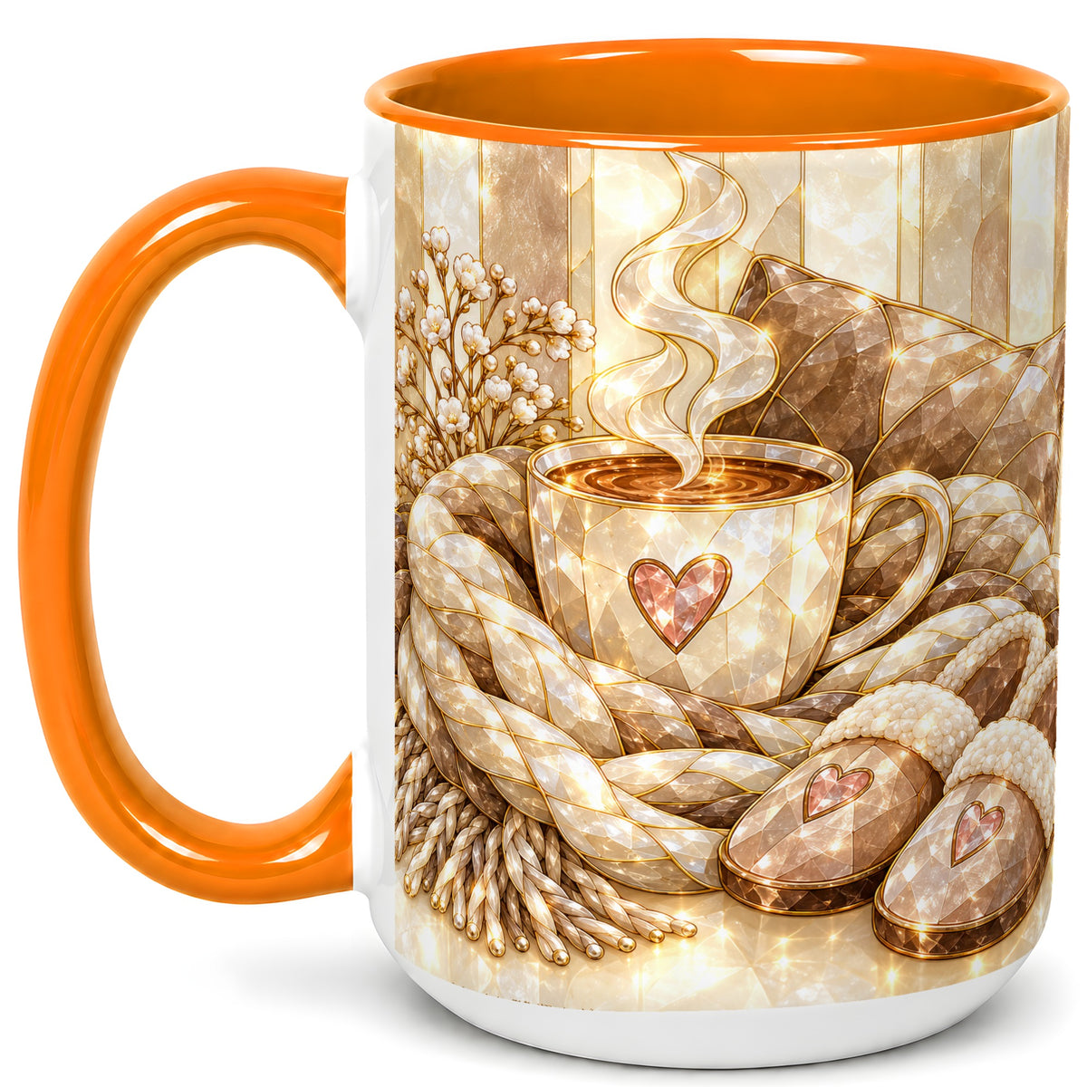 #pl[15oz|Orange] Cozy Heart Coffee Mug, Stained Glass Style Mug, Ceramic Cup