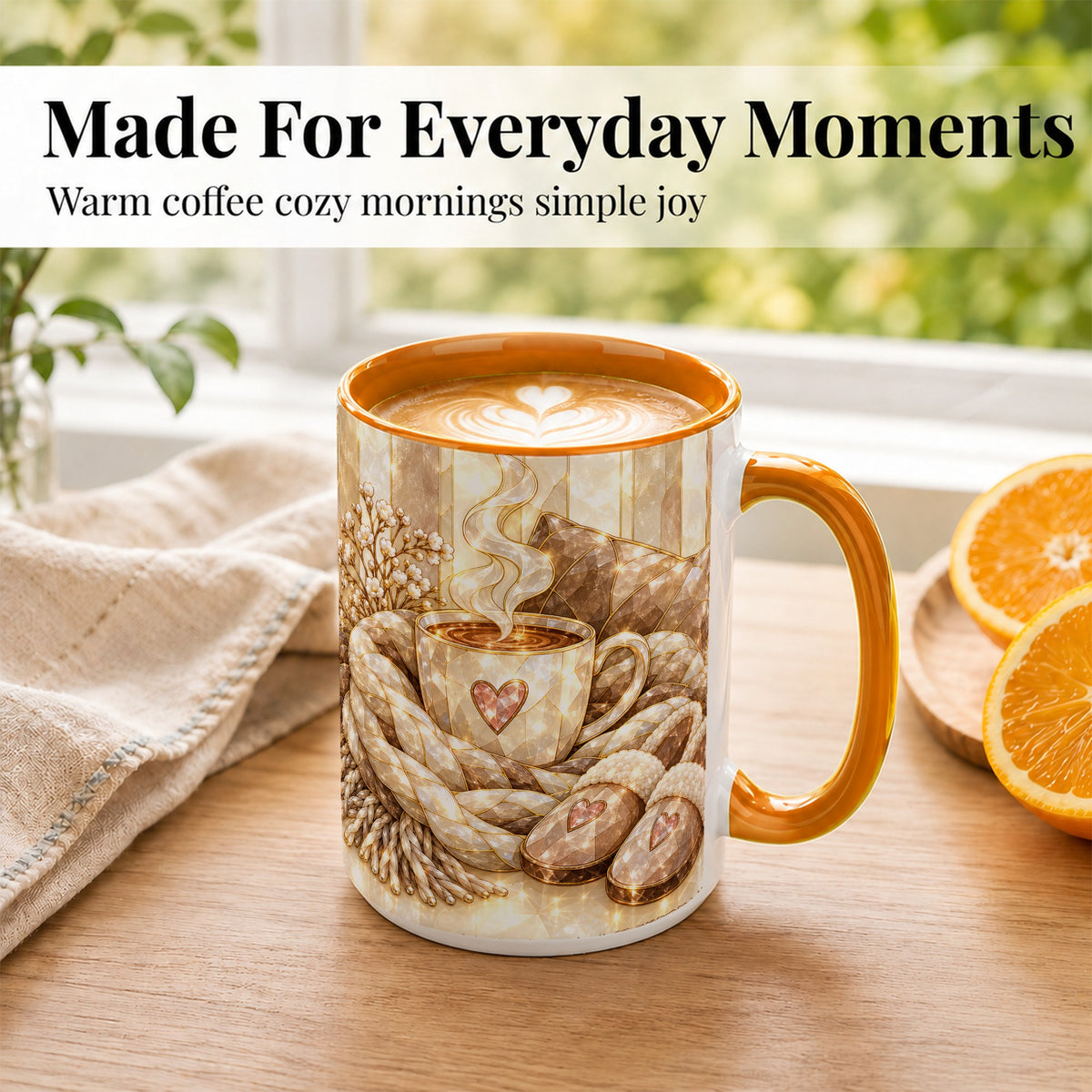 #pl[15oz|Orange] Cozy Heart Coffee Mug, Stained Glass Style Mug, Ceramic Cup