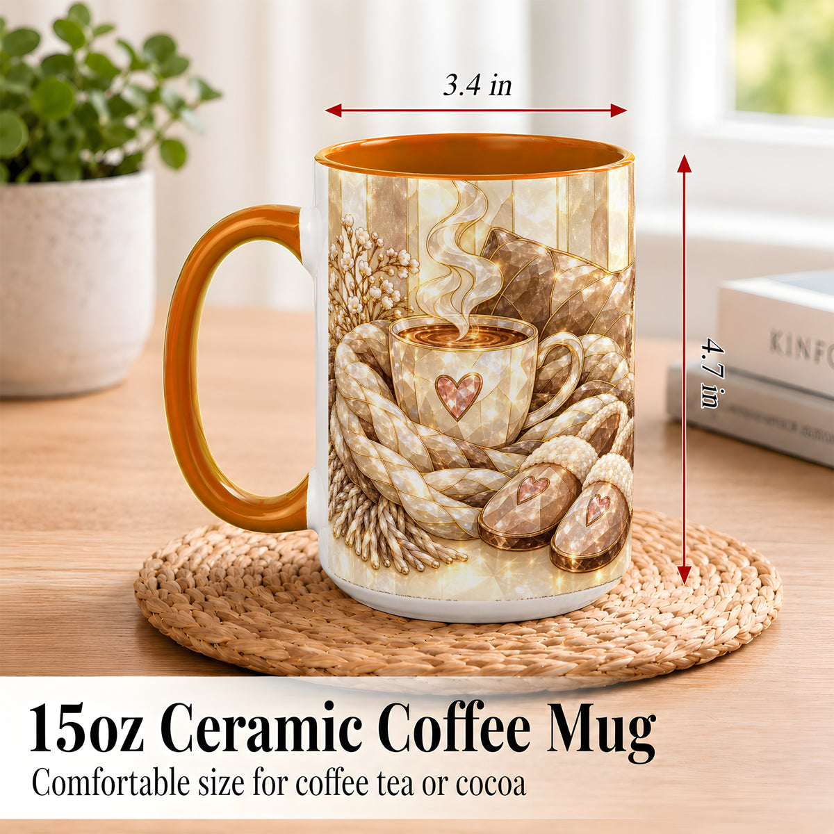 #pl[15oz|Orange] Cozy Heart Coffee Mug, Stained Glass Style Mug, Ceramic Cup