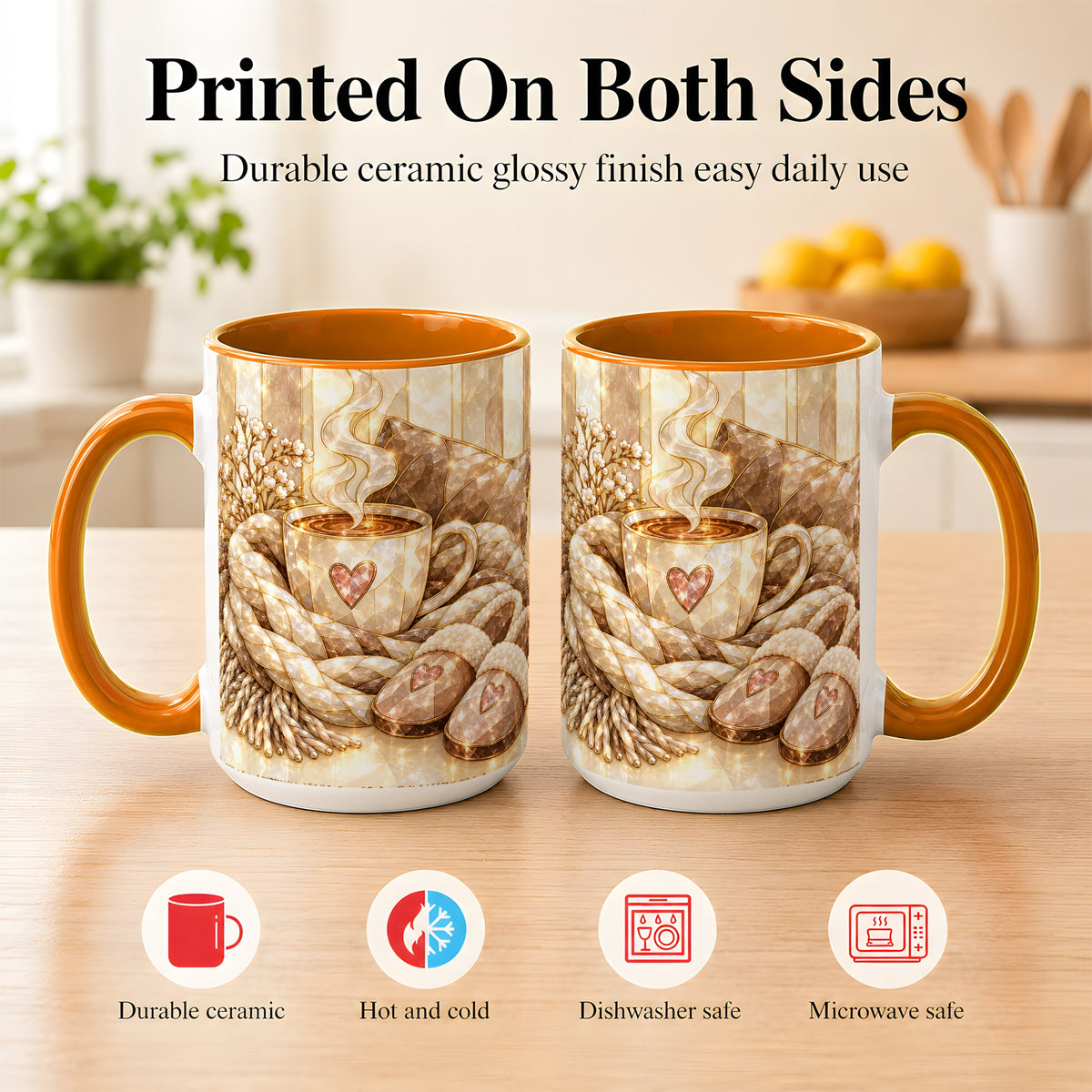 #pl[15oz|Orange] Cozy Heart Coffee Mug, Stained Glass Style Mug, Ceramic Cup