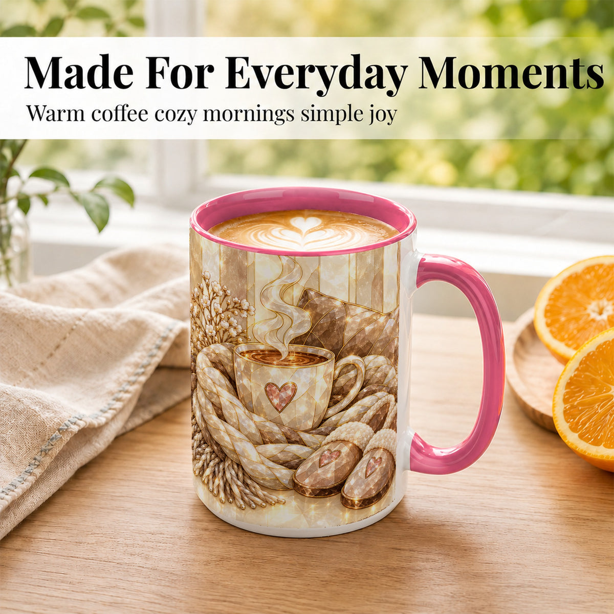 #pl[15oz|Pink] Cozy Heart Coffee Mug, Stained Glass Style Mug, Ceramic Cup