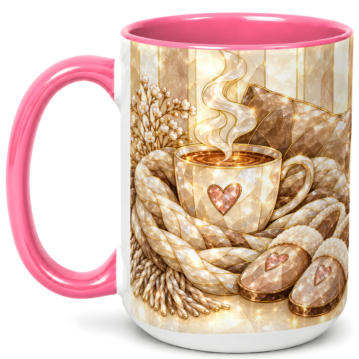 #pl[15oz|Pink] Cozy Heart Coffee Mug, Stained Glass Style Mug, Ceramic Cup