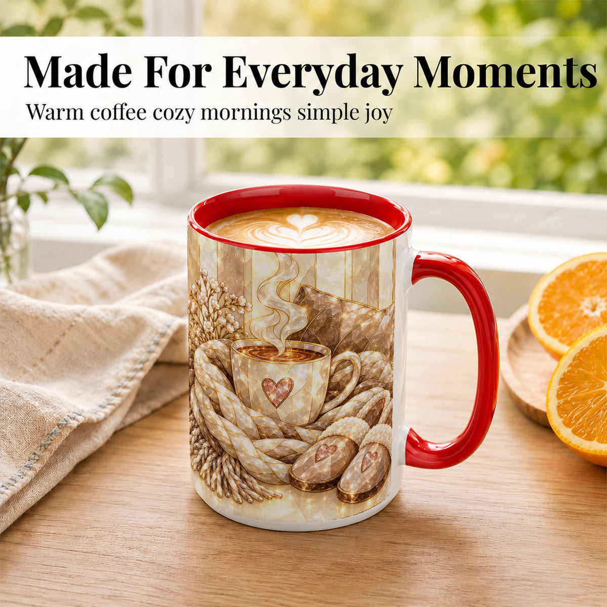 #pl[15oz|Red] Cozy Heart Coffee Mug, Stained Glass Style Mug, Ceramic Cup