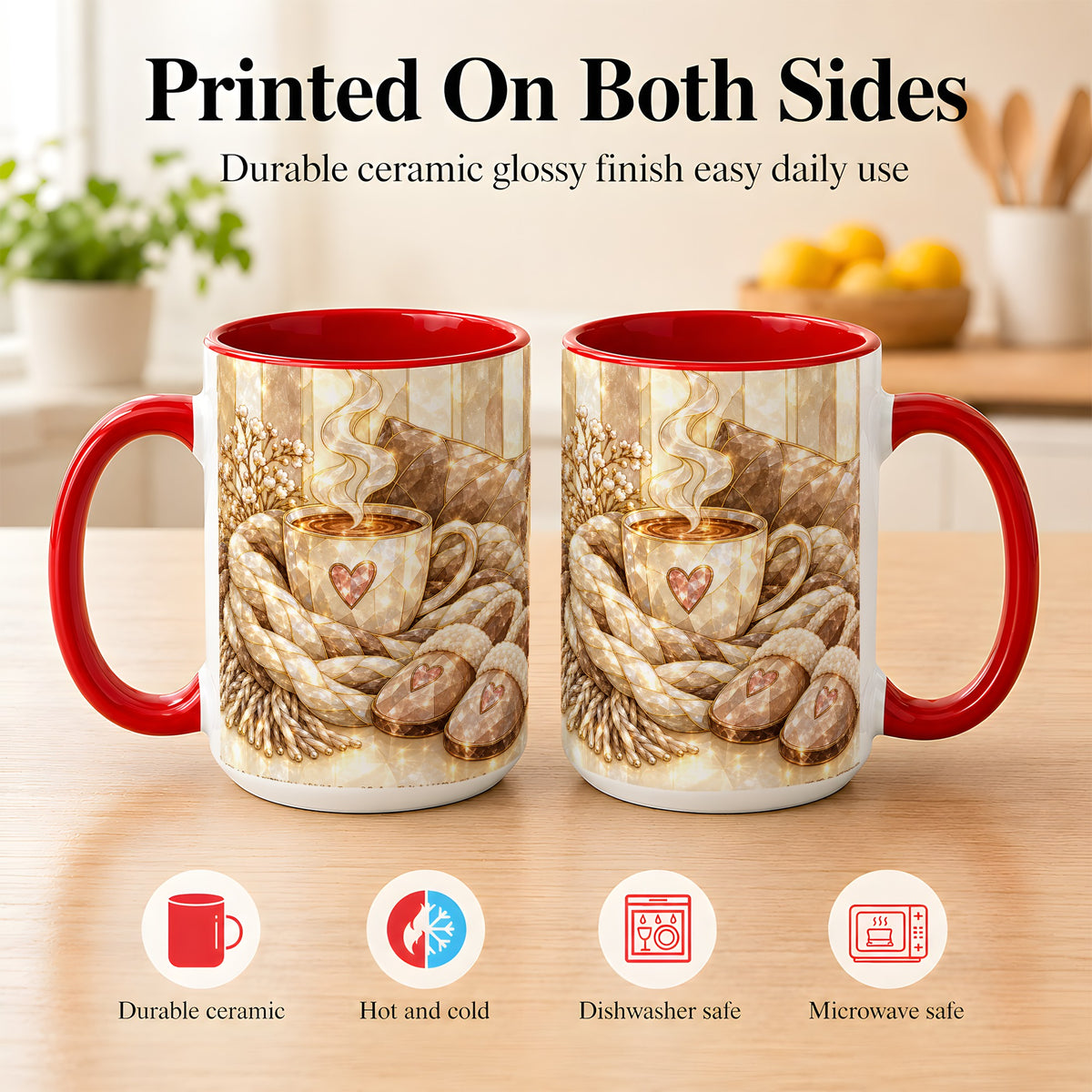 #pl[15oz|Red] Cozy Heart Coffee Mug, Stained Glass Style Mug, Ceramic Cup