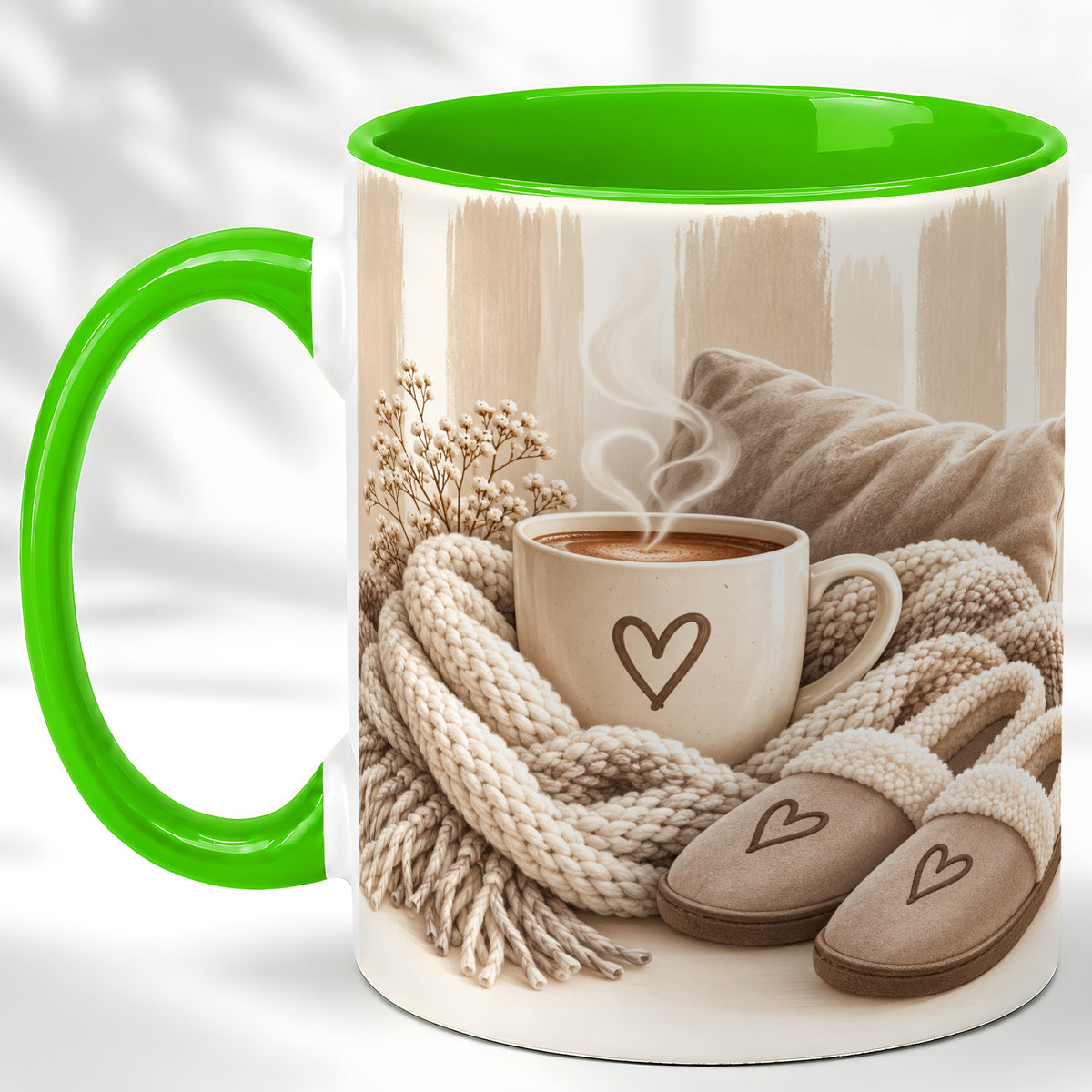#pl[11oz|Green] Cozy Coffee Mug, Neutral Heart Mug, Ceramic Cup