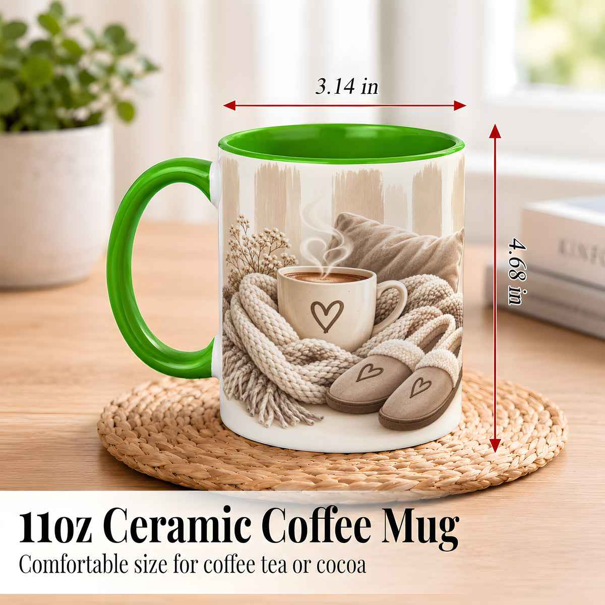 #pl[11oz|Green] Cozy Coffee Mug, Neutral Heart Mug, Ceramic Cup