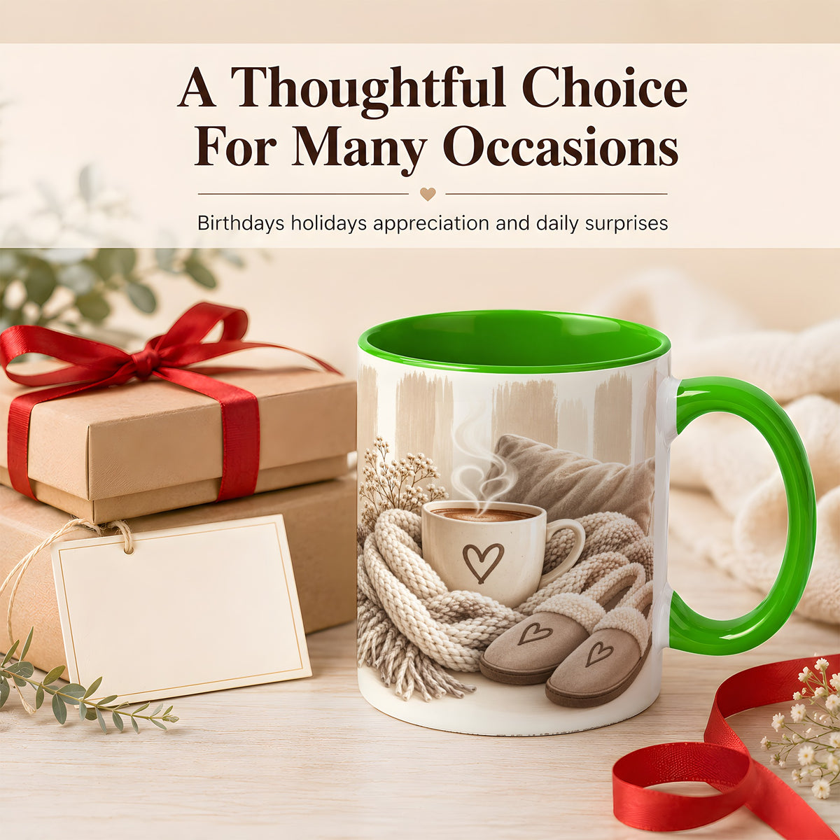 #pl[11oz|Green] Cozy Coffee Mug, Neutral Heart Mug, Ceramic Cup
