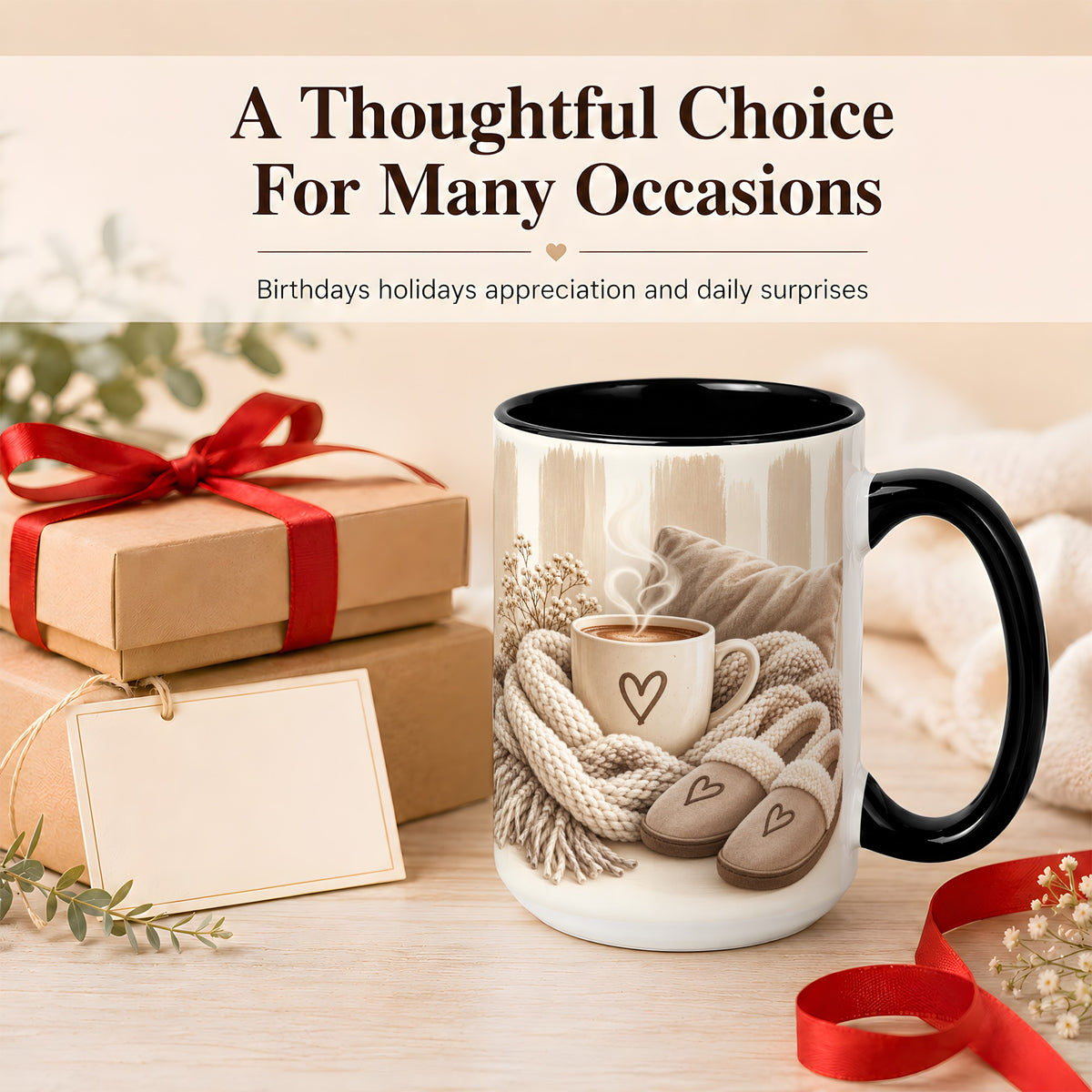 #pl[15oz|Black] Cozy Coffee Mug, Neutral Heart Mug, Ceramic Cup