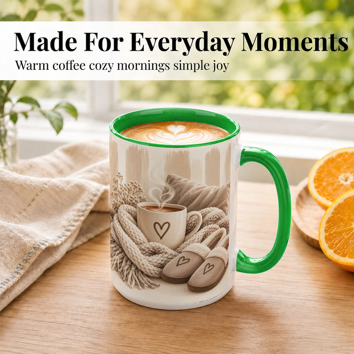 #pl[15oz|Green] Cozy Coffee Mug, Neutral Heart Mug, Ceramic Cup
