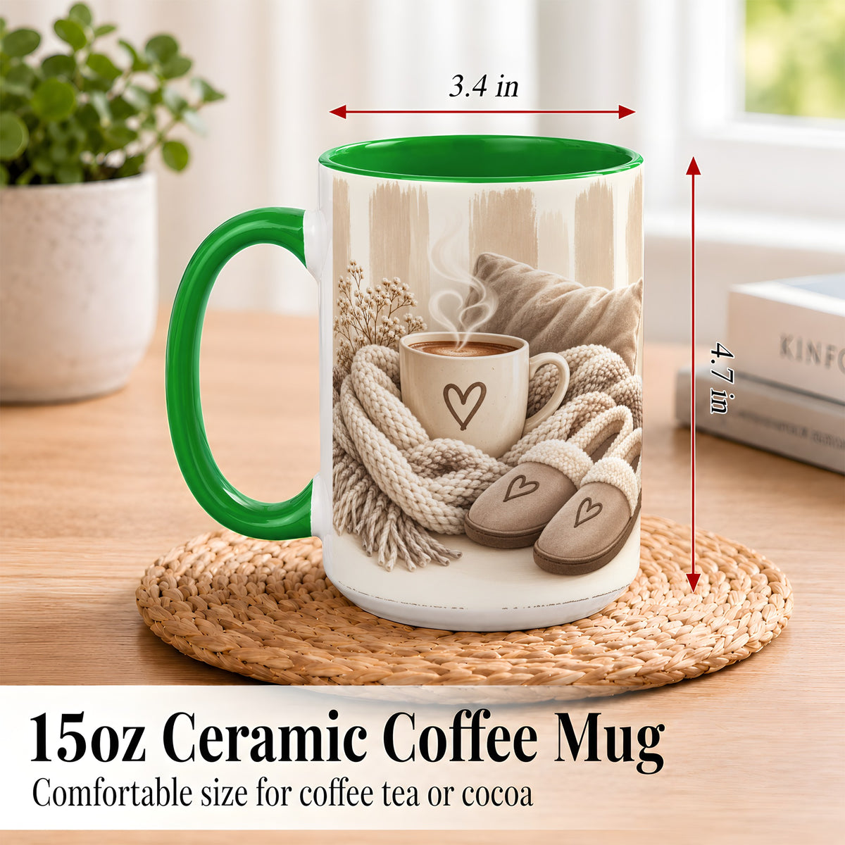 #pl[15oz|Green] Cozy Coffee Mug, Neutral Heart Mug, Ceramic Cup