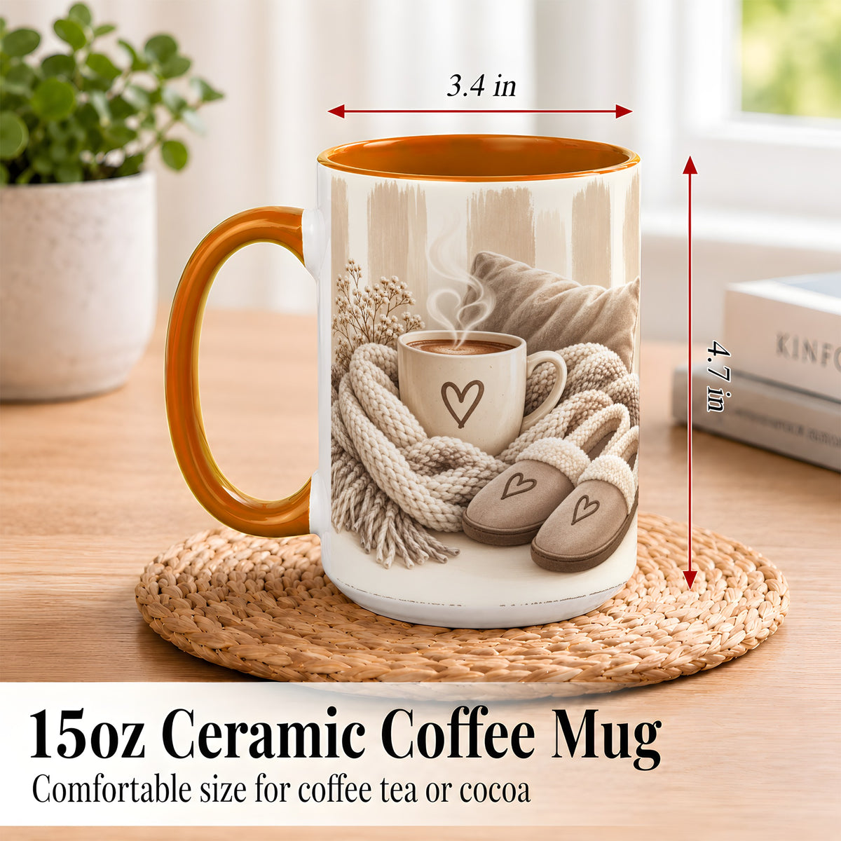 #pl[15oz|Orange] Cozy Coffee Mug, Neutral Heart Mug, Ceramic Cup