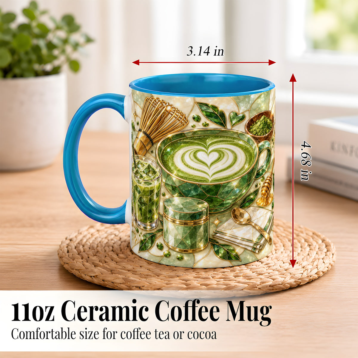 #pl[11oz|Blue] Matcha Latte Coffee Mug, Green Tea Mug, Ceramic Cup