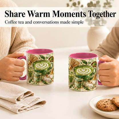 #pl[11oz|Pink] Matcha Latte Coffee Mug, Green Tea Mug, Ceramic Cup
