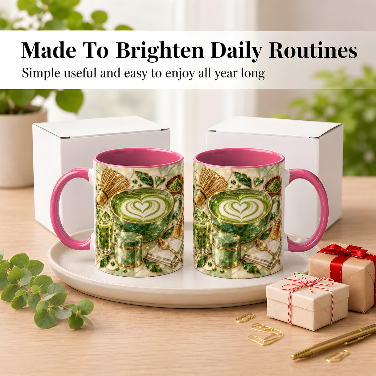 #pl[11oz|Pink] Matcha Latte Coffee Mug, Green Tea Mug, Ceramic Cup