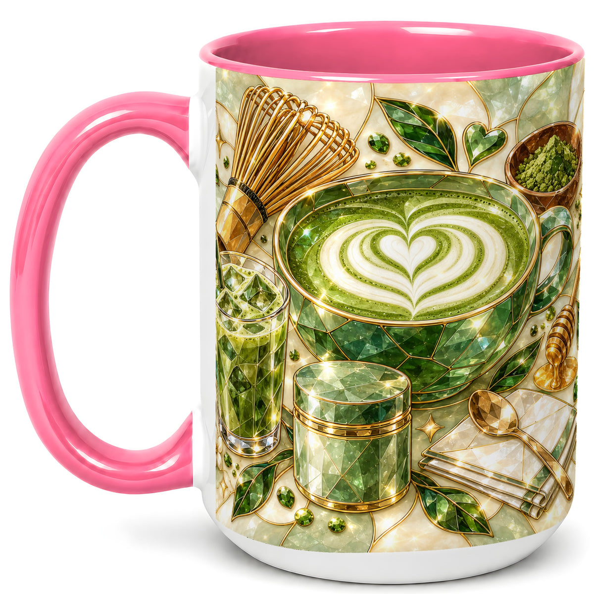 #pl[15oz|Pink] Matcha Latte Coffee Mug, Green Tea Mug, Ceramic Cup