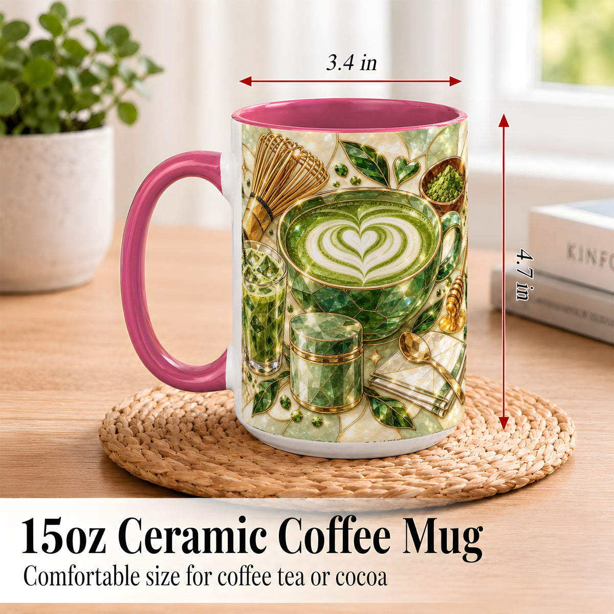 #pl[15oz|Pink] Matcha Latte Coffee Mug, Green Tea Mug, Ceramic Cup