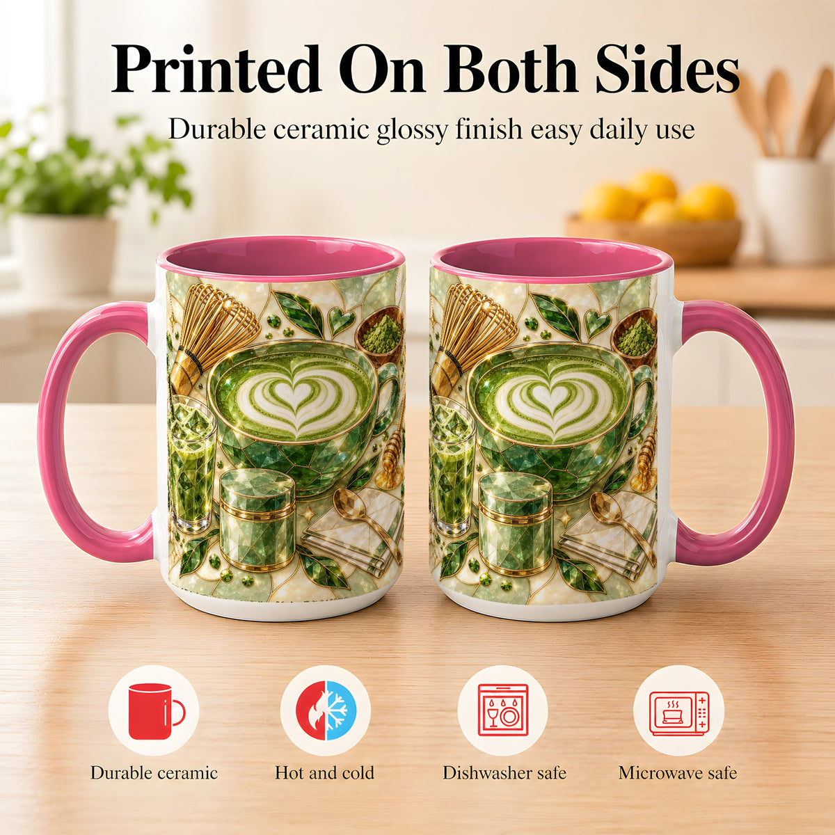 #pl[15oz|Pink] Matcha Latte Coffee Mug, Green Tea Mug, Ceramic Cup