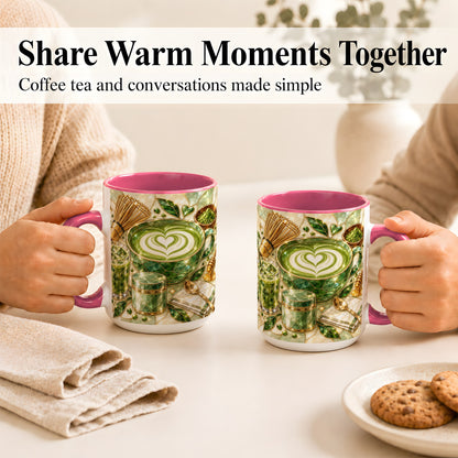 #pl[15oz|Pink] Matcha Latte Coffee Mug, Green Tea Mug, Ceramic Cup