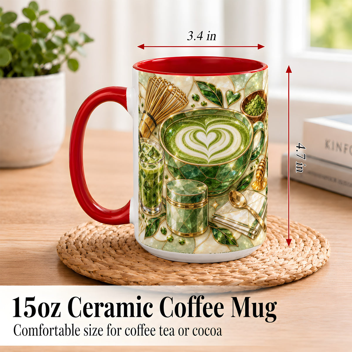 #pl[15oz|Red] Matcha Latte Coffee Mug, Green Tea Mug, Ceramic Cup