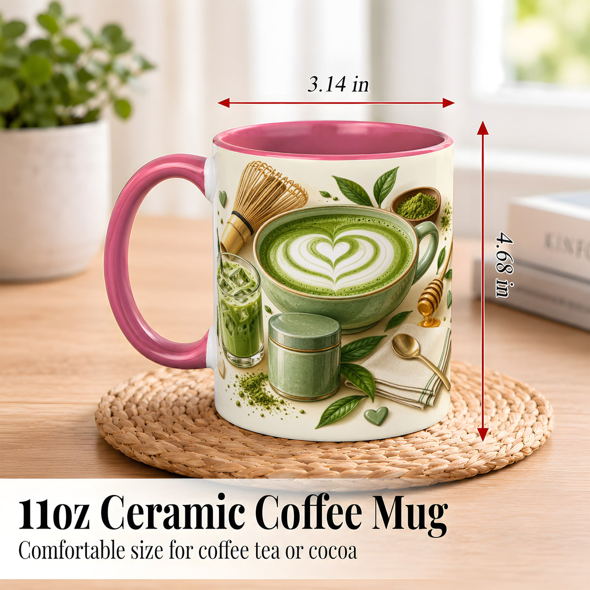 #pl[11oz|Pink] Matcha Latte Coffee Mug, Green Tea Mug, Ceramic Cup