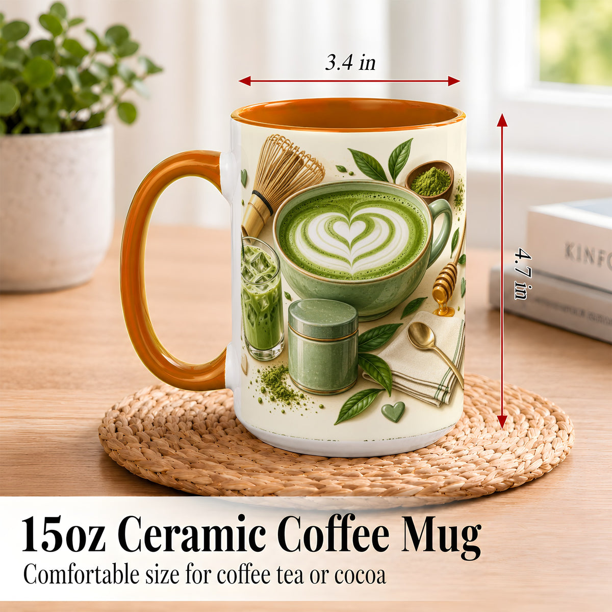 #pl[15oz|Orange] Matcha Latte Coffee Mug, Green Tea Mug, Ceramic Cup
