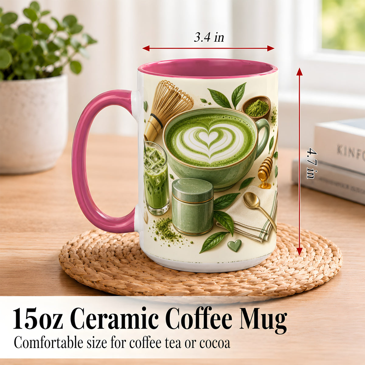 #pl[15oz|Pink] Matcha Latte Coffee Mug, Green Tea Mug, Ceramic Cup