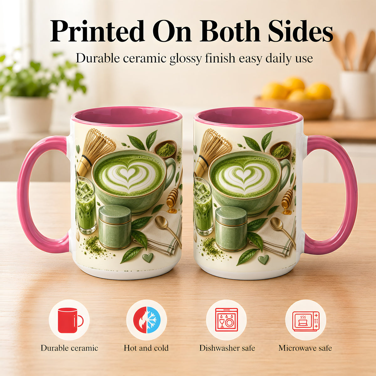 #pl[15oz|Pink] Matcha Latte Coffee Mug, Green Tea Mug, Ceramic Cup