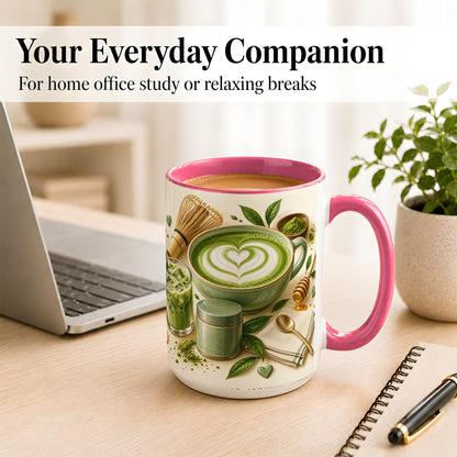 #pl[15oz|Pink] Matcha Latte Coffee Mug, Green Tea Mug, Ceramic Cup