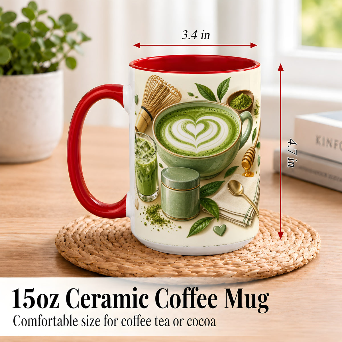 #pl[15oz|Red] Matcha Latte Coffee Mug, Green Tea Mug, Ceramic Cup