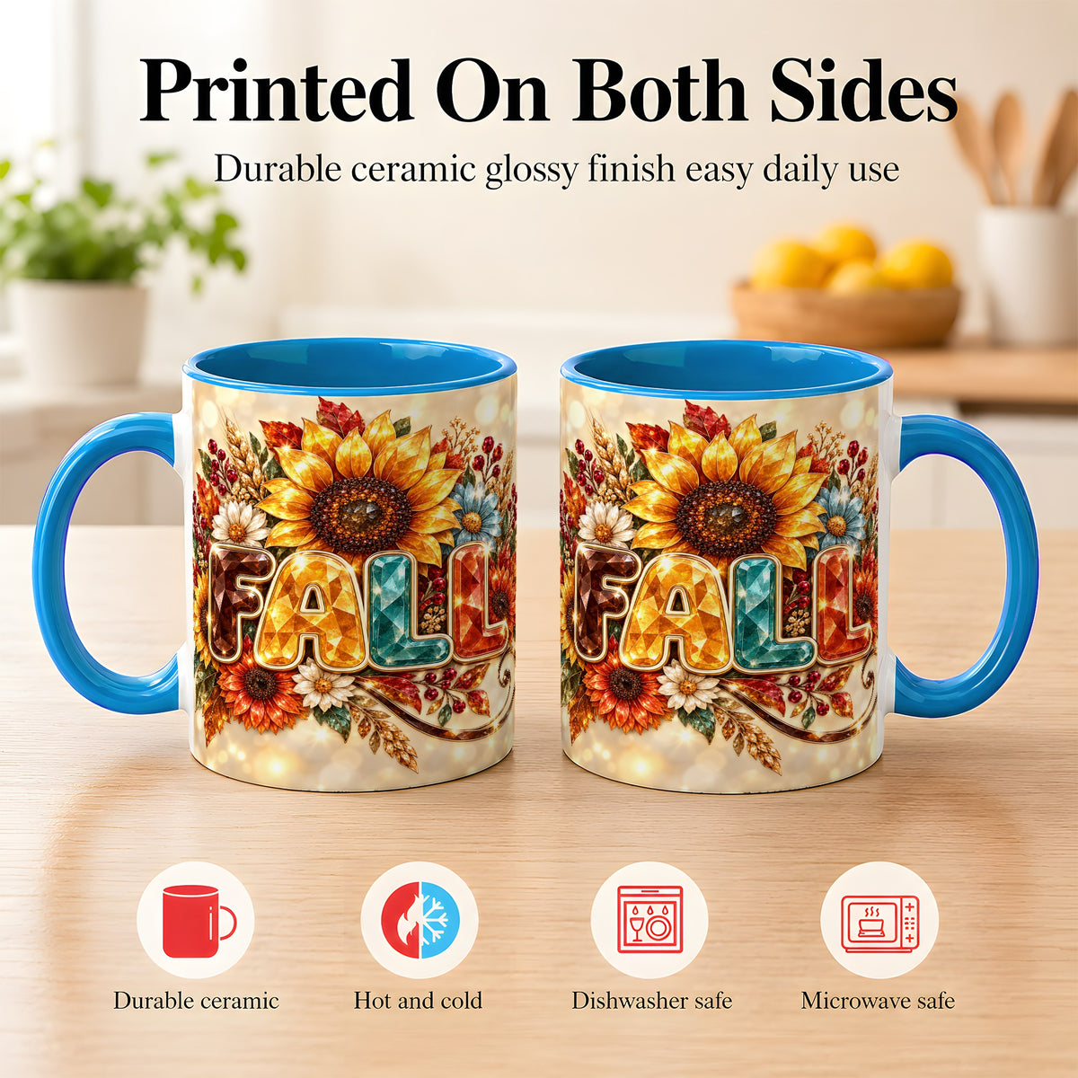 #pl[11oz|Blue] Fall Sunflower Coffee Mug, Autumn Floral Mug, Ceramic Cup
