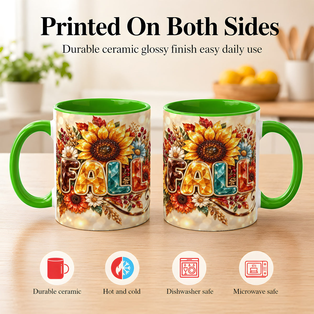 #pl[11oz|Green] Fall Sunflower Coffee Mug, Autumn Floral Mug, Ceramic Cup