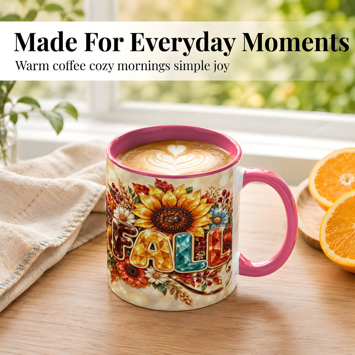 #pl[11oz|Pink] Fall Sunflower Coffee Mug, Autumn Floral Mug, Ceramic Cup