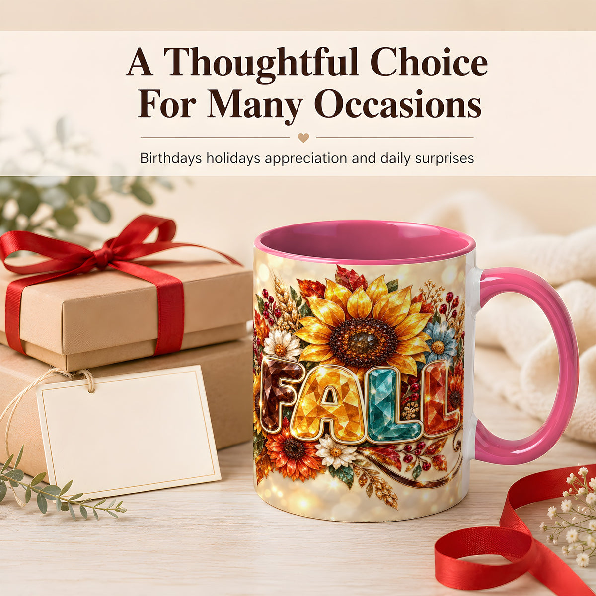 #pl[11oz|Pink] Fall Sunflower Coffee Mug, Autumn Floral Mug, Ceramic Cup