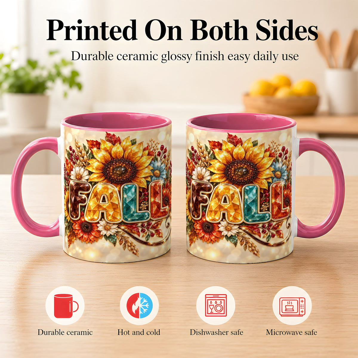#pl[11oz|Pink] Fall Sunflower Coffee Mug, Autumn Floral Mug, Ceramic Cup