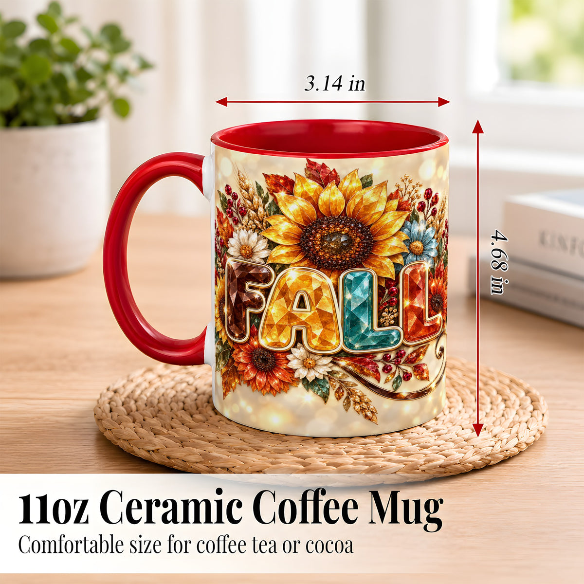 #pl[11oz|Red] Fall Sunflower Coffee Mug, Autumn Floral Mug, Ceramic Cup
