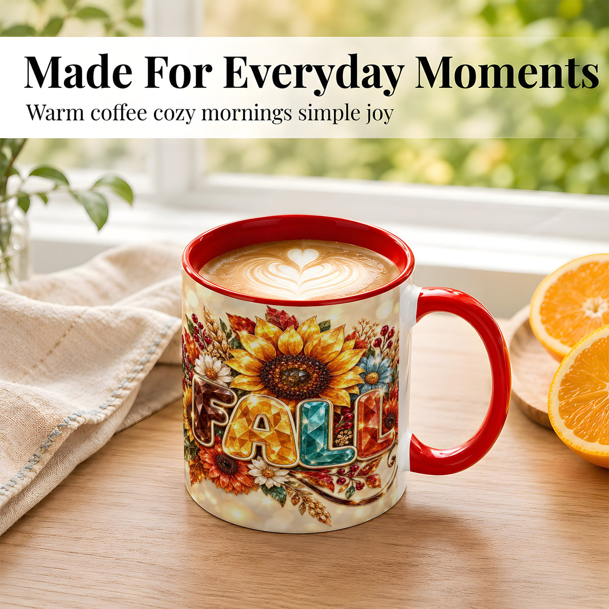 #pl[11oz|Red] Fall Sunflower Coffee Mug, Autumn Floral Mug, Ceramic Cup